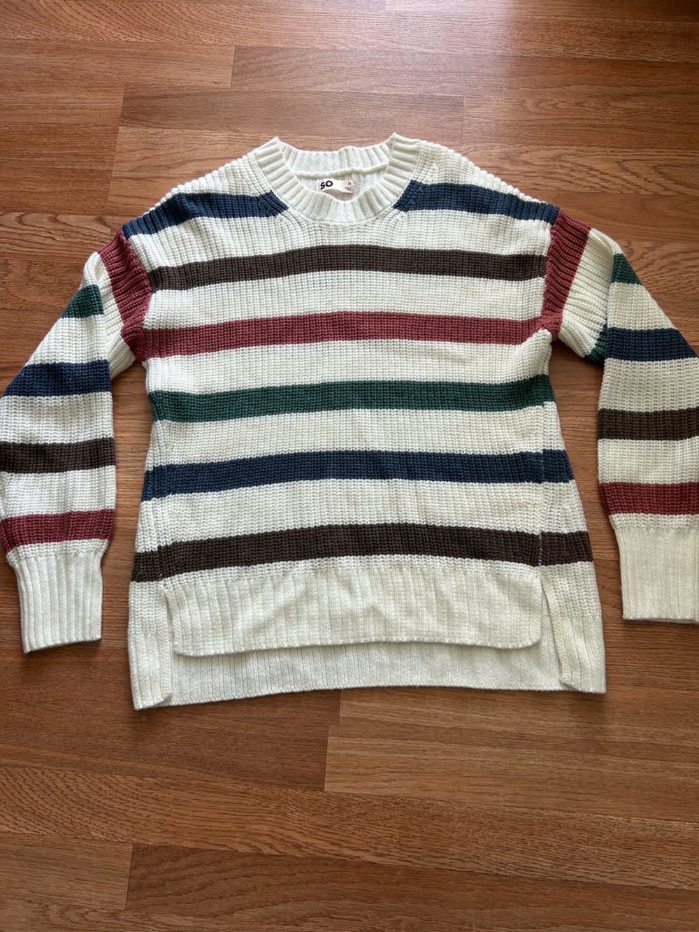 SO Cozy Cream colored knit Sweater with Multicolor Stripes.Size medium